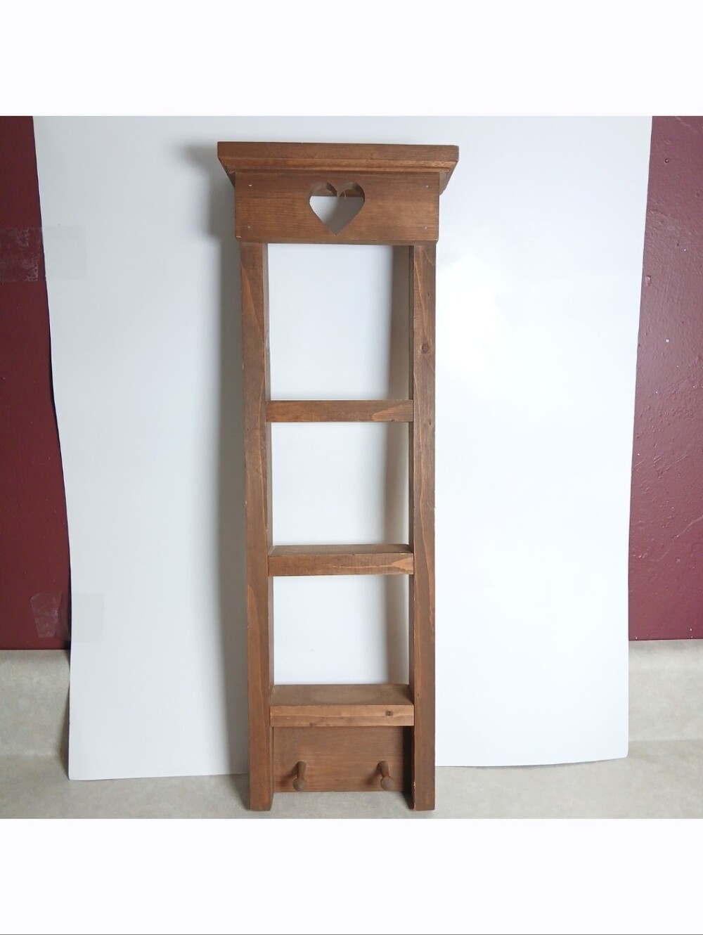 Vintage Wood Cut-Out Heart Trinket Shelf 2 Hooks Wall Decor Cottagecore Country